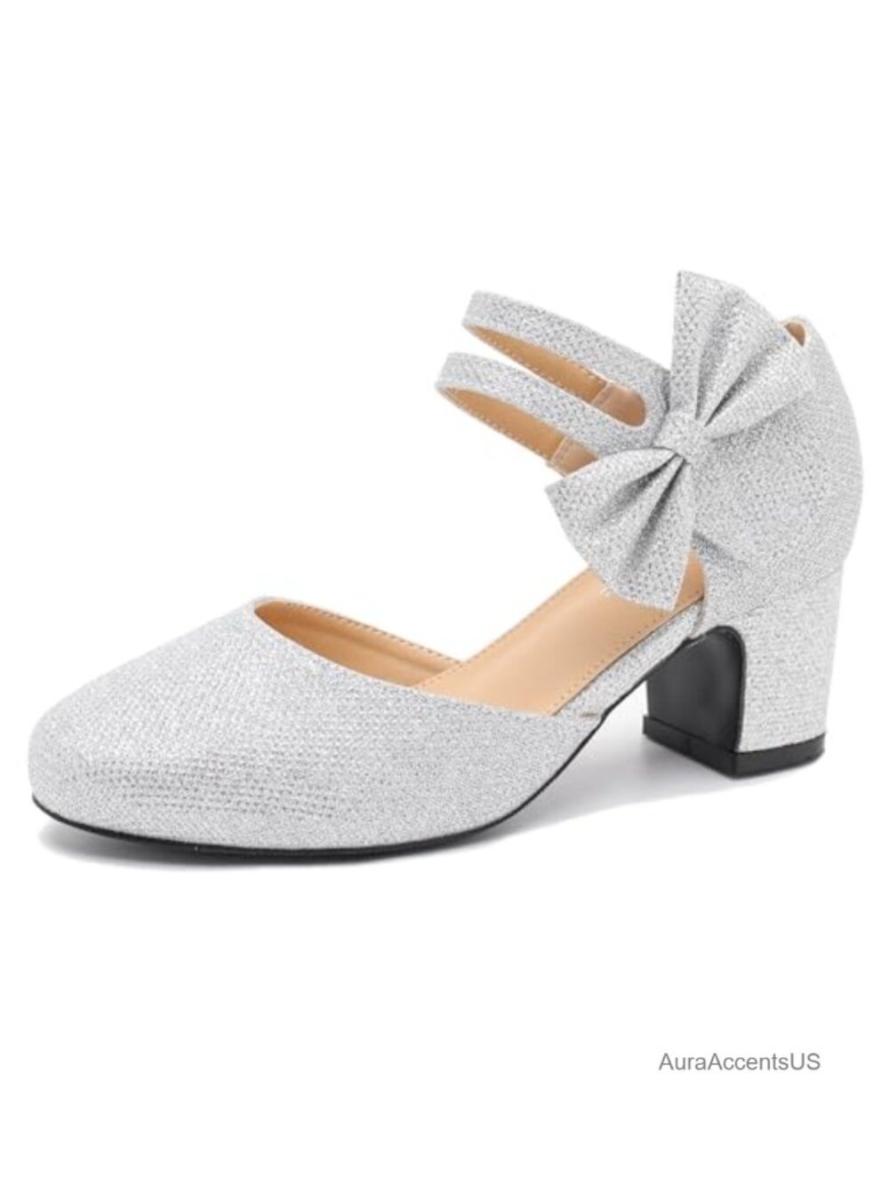 Women's Round Toe Pump Bow Ankle Strap Low Block Heel D'Orsay Wedding Dress